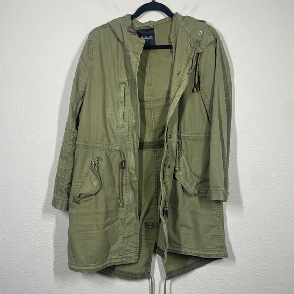 Madewell Small Fishtail Anorak Hooded Jacket Army Green Cotton Blend Pockets - Picture 2 of 11